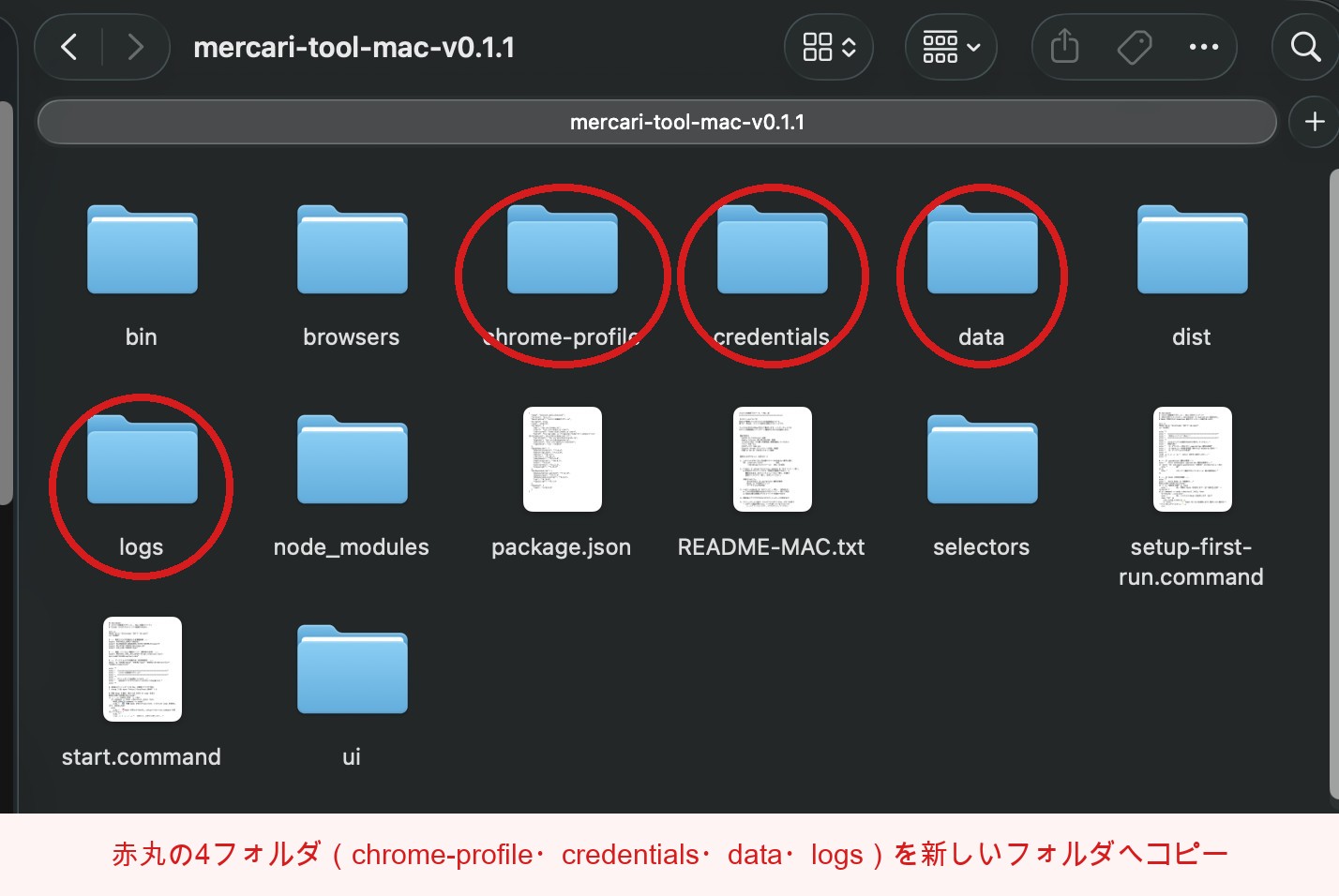引き継ぐ4つのフォルダ（chrome-profile・credentials・data・logs）